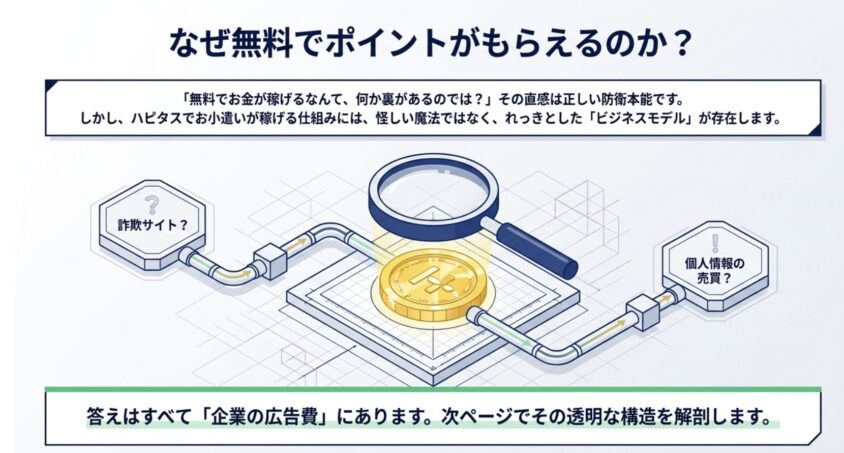 ハピタスが怪しくない3つの理由を解説する図解
