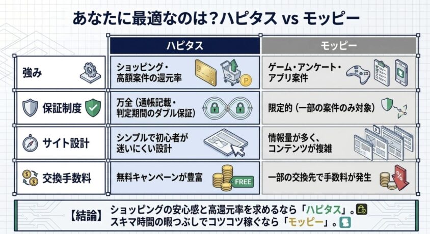ハピタスとモッピーの比較図解